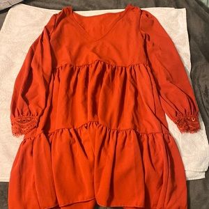 Red v neck long sleeve dress with lace sleeve. Women’s size small.